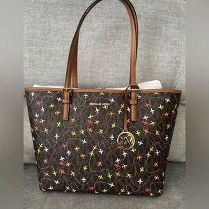 Michael Kors Jet Set Brown Multi Color Airplane Print Tote